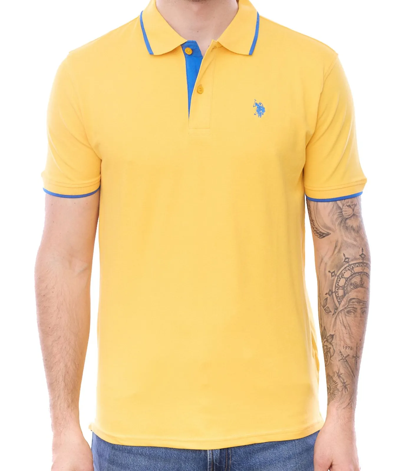 Hemden & Poloshirts*U.S. POLO ASSN. Herren Polo-Shirt Basic-Shirt Baumwoll-Shirt Kurzarm-Shirt 197 62779 52520 112 Gelb-Orange/Blau