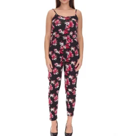 Jumpsuits*vestino Damen Jumpsuit mit Blumen-Print Sommer-Einteiler Langarm-Overall verstellbare Träger 900379 Schwarz