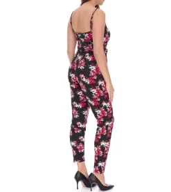 Jumpsuits*vestino Damen Jumpsuit mit Blumen-Print Sommer-Einteiler Langarm-Overall verstellbare Träger 900379 Schwarz