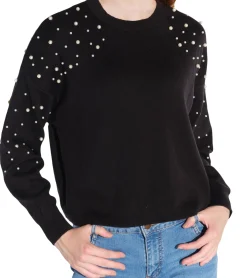 Sweater & Pullover*vestino Damen kurzer Strick-Pullover mit Baumwollanteil Cropped-Pullover mit Perlen Sommer-Sweater 901148 Schwarz