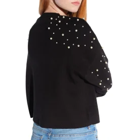 Sweater & Pullover*vestino Damen kurzer Strick-Pullover mit Baumwollanteil Cropped-Pullover mit Perlen Sommer-Sweater 901148 Schwarz