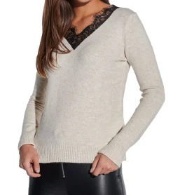 Sweater & Pullover*vestino Damen Strick-Pullover mit Spitzeneinsatz Alltags-Pullover Sweater 901328 Beige