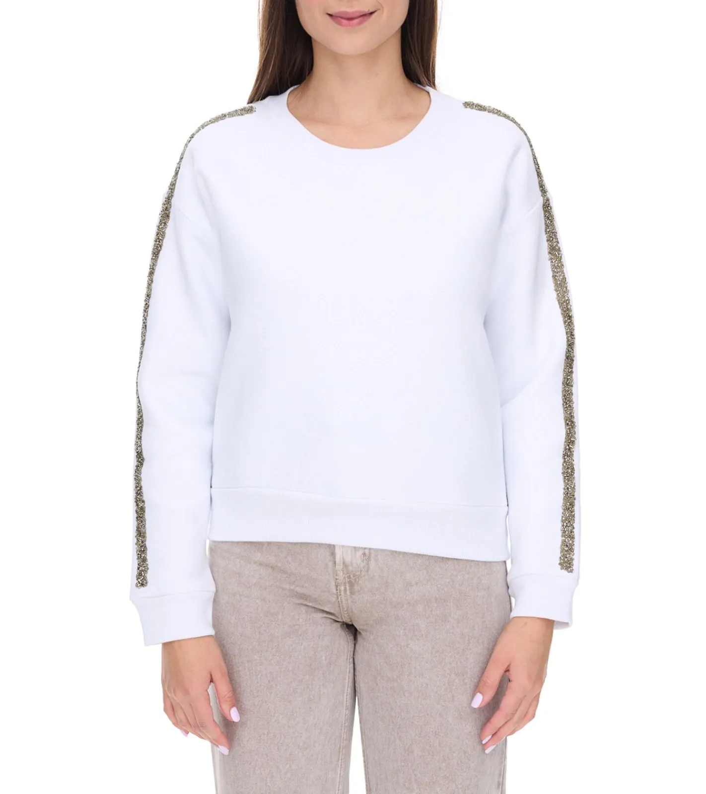 Sweater & Pullover*vestino Damen Sweatshirt Baumwoll-Shirt mit Strassband Pullover 900299 Weiß