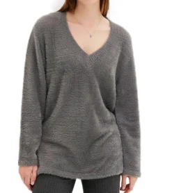Sweater & Pullover*O46bpx weicher Damen Flausch-Pullover Strick-Pullover mit V-Ausschnitt Basic-Pulli aus Flauschgarn 924617 Grau
