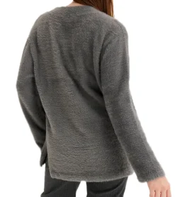 Sweater & Pullover*O46bpx weicher Damen Flausch-Pullover Strick-Pullover mit V-Ausschnitt Basic-Pulli aus Flauschgarn 924617 Grau