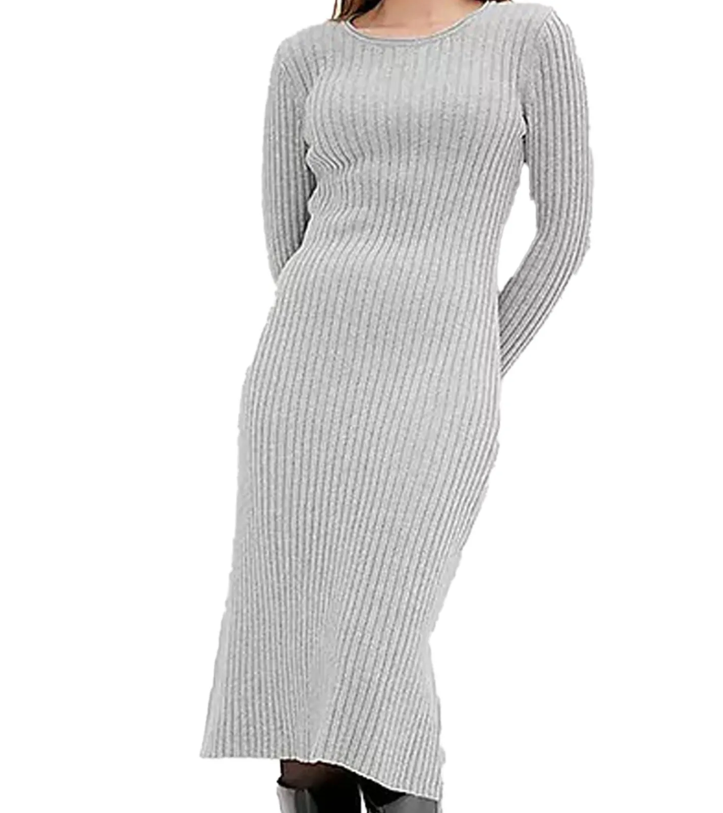 Kleider*O46bpx weiches Damen Midi-Kleid Basic-Kleid im Strick-Stil Langarm-Kleid 971307 Grau