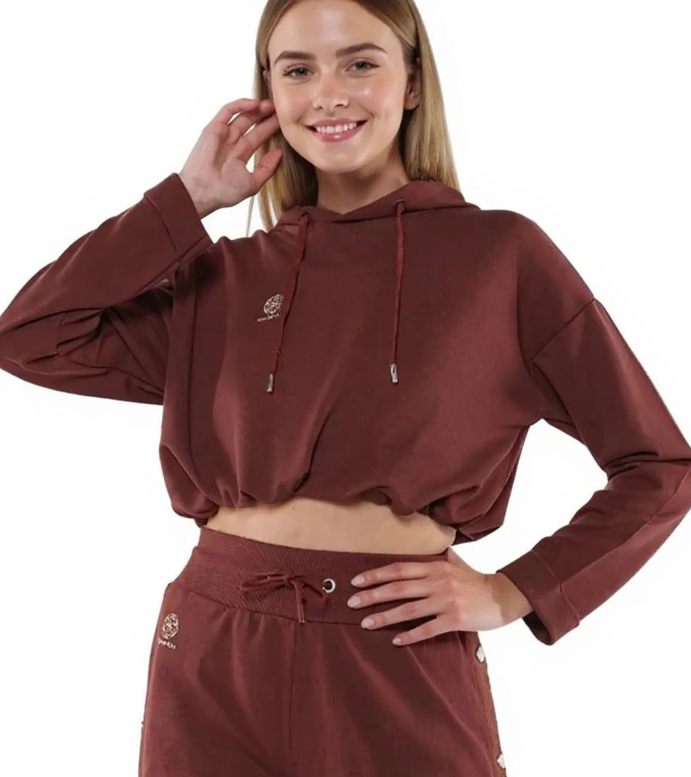 Sweater & Pullover*YOU DO YOU Damen Cropped-Hoodie mit Kapuze Alltags-Pullover Yoga-Mode 905081 Mahagoni-Braun