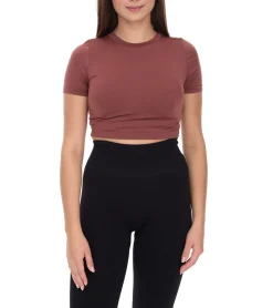 Tops & T-Shirts*YOU DO YOU Damen T-Shirt im Cropped-Style Fitness-Top Kurzarm-Shirt Yoga-Mode 905041 Mahagoni-Braun