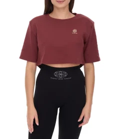 Tops & T-Shirts*YOU DO YOU Damen T-Shirt im Cropped-Style Fitness-Top mit Rücken-Cut Out Baumwoll-Shirt Yoga-Mode 905051 Mahagoni-Braun