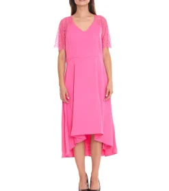 Kleider*Zizzi Damen Midi-Kleid mit Spitzenärmeln Sommer-Kleid mit verdecktem Reißverschluss an der Seite 38316729 Pink