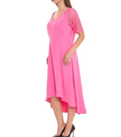 Kleider*Zizzi Damen Midi-Kleid mit Spitzenärmeln Sommer-Kleid mit verdecktem Reißverschluss an der Seite 38316729 Pink