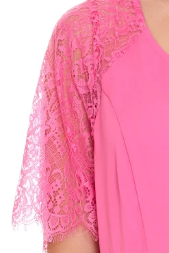 Kleider*Zizzi Damen Midi-Kleid mit Spitzenärmeln Sommer-Kleid mit verdecktem Reißverschluss an der Seite 38316729 Pink