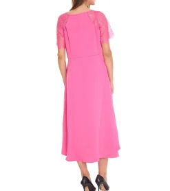 Kleider*Zizzi Damen Midi-Kleid mit Spitzenärmeln Sommer-Kleid mit verdecktem Reißverschluss an der Seite 38316729 Pink