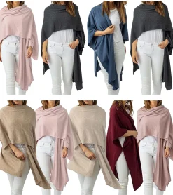 Strickjacken & Cardigans|Sweater & Pullover*ZWILLINGSHERZ Damen Poncho mit Kaschmir hochwertiges Cape Tunika mit Ärmeln 8029P in Rosa, Rot, Beige, Grau, Blau