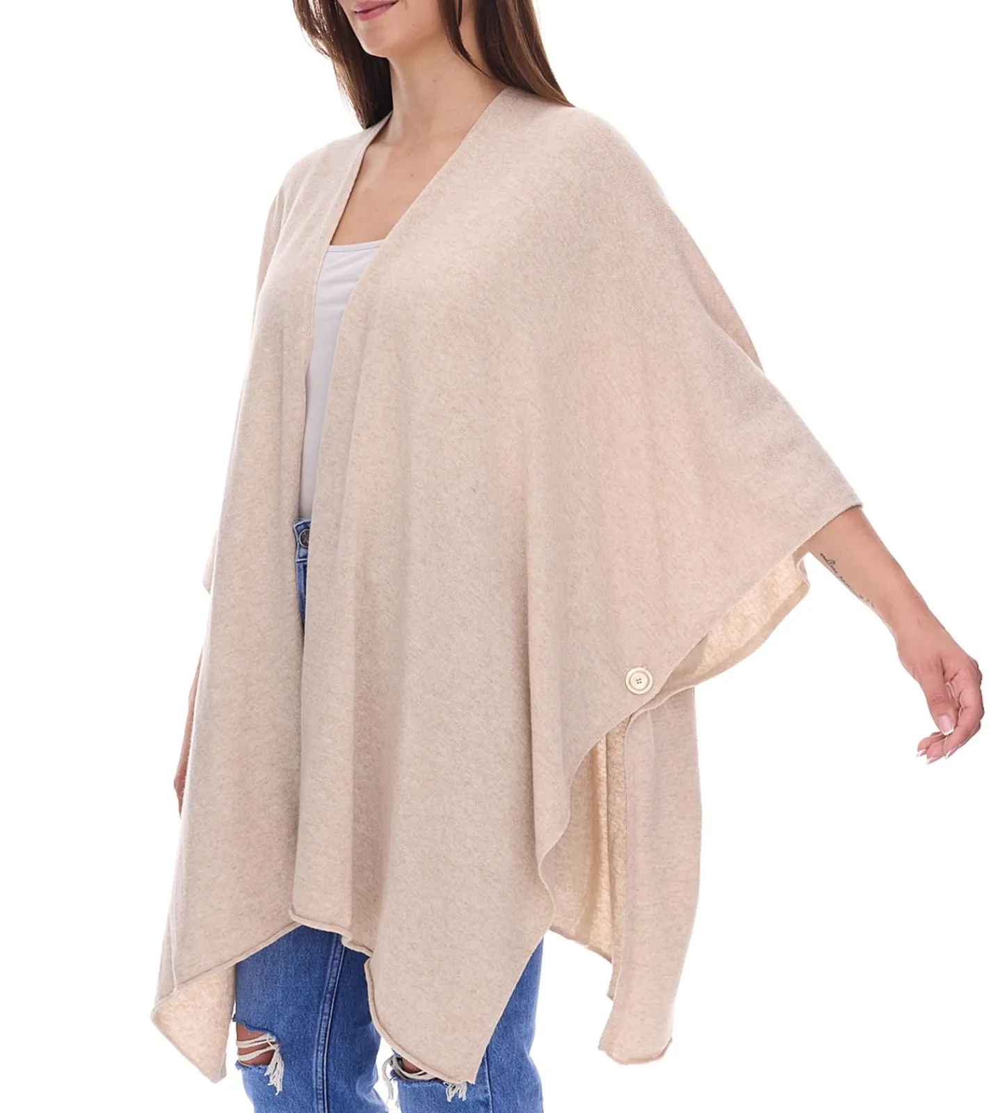 Strickjacken & Cardigans|Sweater & Pullover*ZWILLINGSHERZ Damen Poncho mit Kaschmir hochwertiges Cape Tunika mit Ärmeln 8029P Hellbeige